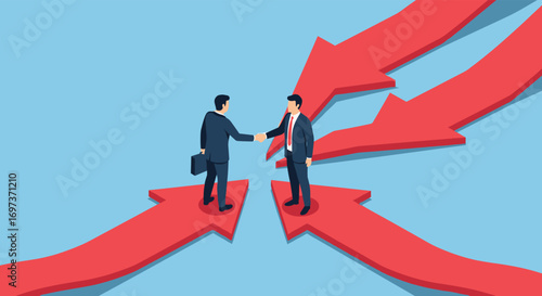 Businessmen shaking hands on meeting arrows symbolizing collaboration and partnership opportunities