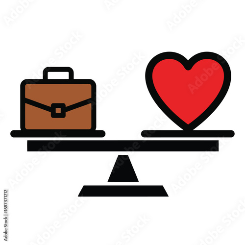 A balance scale with a briefcase on one side and a heart on the other, symbolizing a conflict between career and personal life.