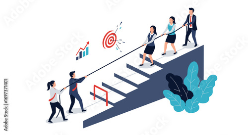 Teamwork and collaboration achieve business goals together in a strategic approach