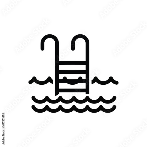 A black line icon of a swimming pool ladder with steps submerged in wavy water.