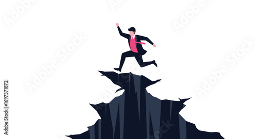 Businessman takes a bold leap over a chasm demonstrating courage and strategic risk-taking for future success