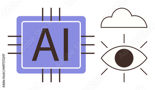 AI microchip, cloud, and stylized eye symbolizing artificial intelligence, data processing, vision, and connectivity. Ideal for technology, innovation, automation creativity future intelligence