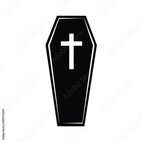Black coffin with a white cross on a white background.