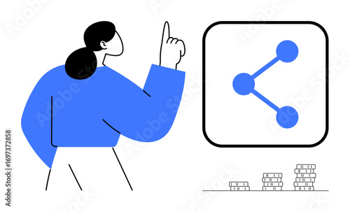 Woman gestures at share icon, stacked coins signify financial growth, communication, and networking. Ideal for technology, collaboration, finance, education, marketing connectivity simple landing