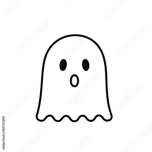 A simple black and white line drawing of a cute cartoon ghost with a surprised expression.