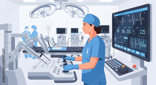Surgeon using robotic assistance in a modern operating room for precision surgery and enhanced