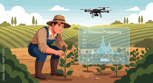 Precision agriculture revolution: Farmer using drone technology and AI insights in field