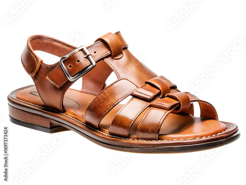 Brown leather gladiator sandals with buckle isolated on a transparent background strap