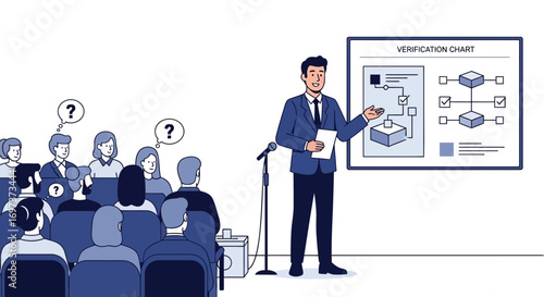 Business presentation with verification chart showcasing strategy to an audience with questions