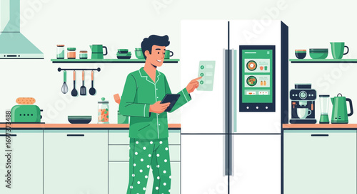 Man in pajamas interacting with a smart refrigerator in a modern kitchen setting illustration