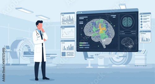 Neurology specialist reviews patient's brain scans and medical data in a modern clinic setting