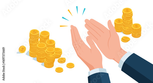Hands clapping in celebration of financial success surrounded by piles of golden coins and currency symbols representing wealth accumulation and prosperity