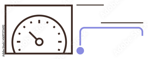 Speedometer inside a rectangle with a pointer, paired with connected lines. Ideal for performance tracking, efficiency analysis, speed monitoring, progress visualization, data management