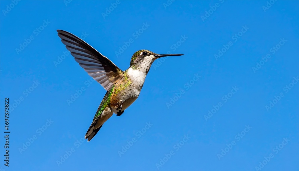 Fototapeta premium Hummingbird soars, blue sky