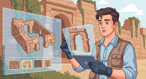 Archaeologist using Augmented Reality to Visualize and Restore Ancient Roman Ruins