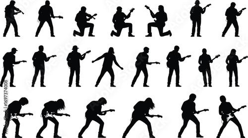 Silhouettes of Rock Guitarists in Various Poses Playing Electric Guitar Isolated on White Background for Music Performance Concept Art