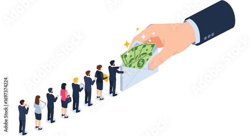Financial assistance provided to individuals in a queue symbolizing opportunity and support