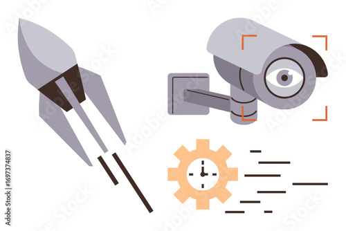 Rocket in flight, camera with focus highlights, and clock gear with lines for motion and speed. Ideal for technology, innovation, monitoring, security, analytics, time management and progress