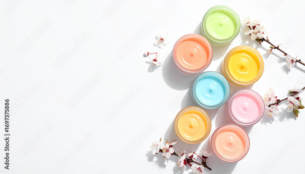Obraz premium Vibrant cosmetic cream: a close-up shot of an array of colorful cosmetic cream containers, exuding a cheerful and artistic vibe with the soft light. 