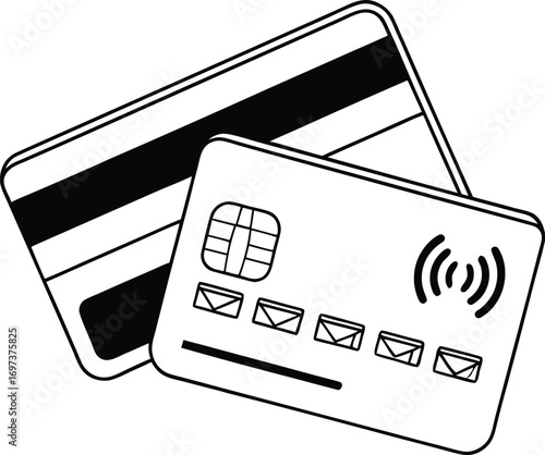 Black and white depiction of credit cards showcasing EMV chip and contactless payment technology highlighting modern banking and financial security measures