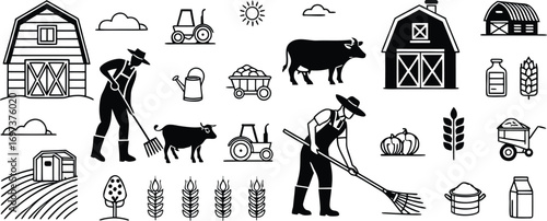 Black and White Farm Illustration with Farmers Barns Animals and Crops Depicting Agricultural Lifestyle and Rural Scenery in Vector Art Style