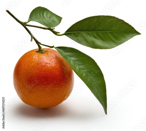 A vibrant blood orange hangs on a twig with two green leaves, casting a soft shadow on a white surface