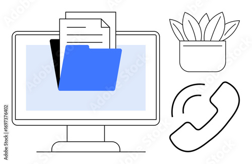 Computer screen displaying folder and documents, desk plant, and ringing phone. Ideal for technology, organization, remote work, filing, office management digital tools communication. Simple flat
