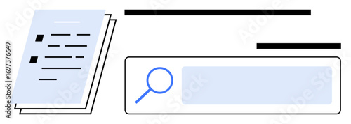 Magnifying glass in search bar next to stacked documents and lines, symbolizing navigation, research, discovery, organization, productivity, user interface, digital tools. Ideal for business