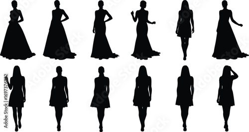 Black silhouette women in dresses walking and posing, fashion model vector illustration, stylish female figures on white background elegant concept design