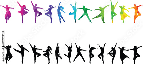 Colorful and black silhouette dancers in dynamic poses, vibrant gradient movement illustration, artistic dance vector design for creative projects and backgrounds
