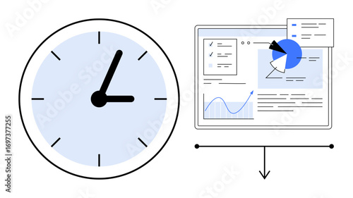 Clock beside analytics dashboard featuring graphs, pie chart, and reports. Ideal for time tracking, productivity, project planning, data management, business strategy, efficiency simple landing page