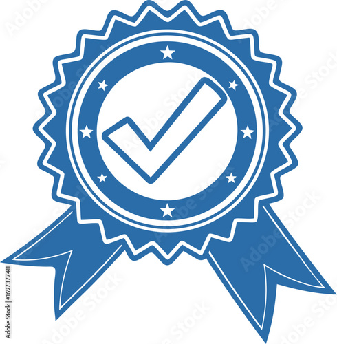 Blue quality assurance check mark badge with ribbon and star accents to represent success and guarantee