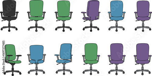 Colorful office chair set with high backrest, armrests, and wheels in multiple angles for workplace furniture design and ergonomic seating concepts