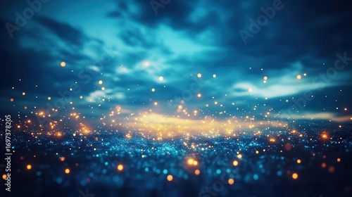 Stunning night sky scene with vibrant clouds glowing with orange and blue hues, illuminated by countless sparkling lights creating a magical atmosphere