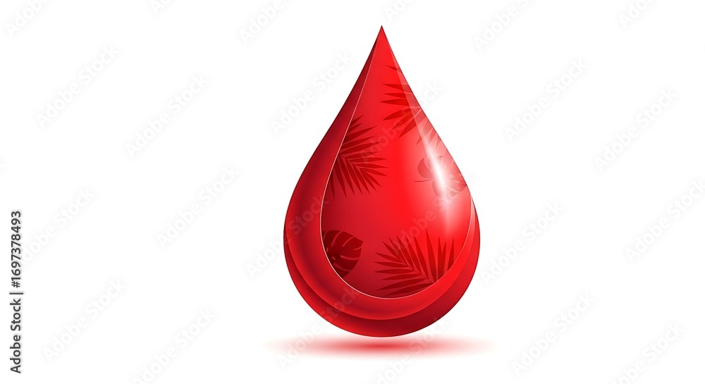 Fototapeta premium Red droplet with tropical leaf pattern on a white background, glossy and layered