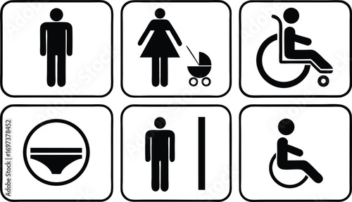 Collection of Black and White Pictograms Representing Different People and Facilities Diversity and Accessibility Icons Set