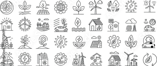 Collection of Black and White Line Art Icons Representing Sustainable Energy and Green Technology Solutions Promoting Ecological Awareness and Environmentally Friendly Practices