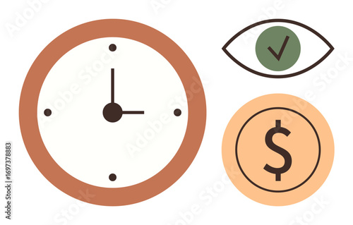 Clock symbolizing time, eye with checkmark indicating quality check, and dollar sign representing financial value. Ideal for scheduling, productivity, success, business, efficiency, planning simple