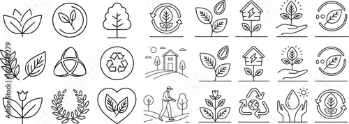 Collection of eco friendly and sustainable living line icons emphasizing environmental protection and green energy solutions for a better future