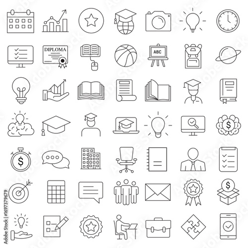 Education Line Icons Editable Stroke. Book, Audiobook, E-Reader, Studying, Tutorial, Personal Organizer, Diary, learning and research in education, school or college.