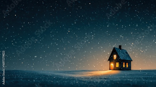 Wallpaper Mural Minimalist Christmas night scene of a detached house with warmly lit windows, a deep blue background with delicate falling snow, and a long exposure starburst effect above the roof Torontodigital.ca
