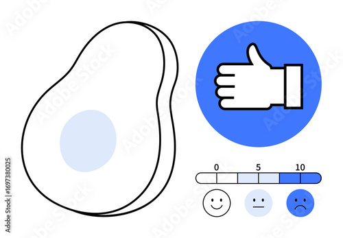 Avocado outline, thumbs-up icon, satisfaction rating scale, and emoticon levels. Ideal for user experience, surveys, feedback, evaluation, preferences decision-making simple landing page