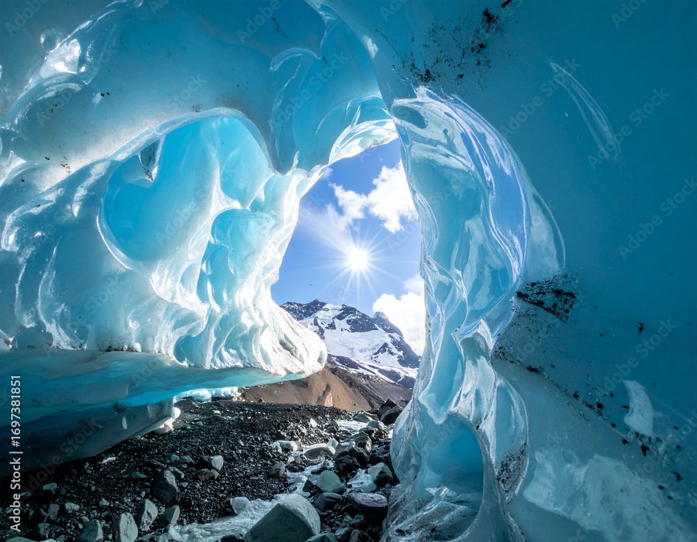 Obraz premium Breathtaking view of glacier with sun rays shining through ice