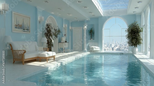 Wallpaper Mural Indoor swimming pool with blue walls and white furniture in a bright room. Torontodigital.ca