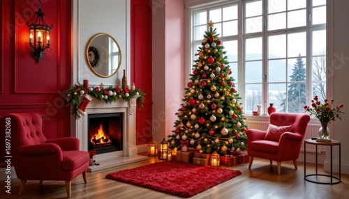 Cozy Christmas living room decorated with a bright decorated tree fireplace candles and comfortable chairs illuminated by natural winter daylight