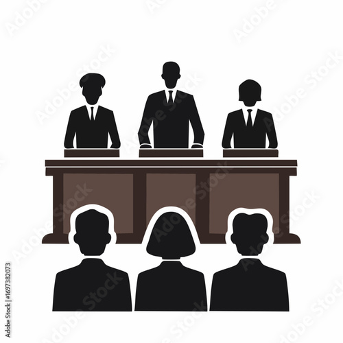 Legal hearing icon. Courtroom scene depicting a panel of judges and participants. Justice system, law, and dispute resolution concept.