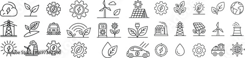 Collection of Outline Icons Representing Sustainable Energy and Green Technology Solutions for a Cleaner Future