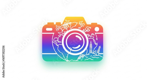 Colorful camera icon with world map inside, a symbol of travel photography and adventure
