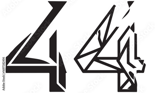 Stylized Abstract Number 44 Graphic Art in Solid and Fragmented Geometric Styles