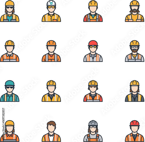 Diverse worker avatars with hard hats suitable for construction, engineering, safety, and teambuilding concepts in various designs.